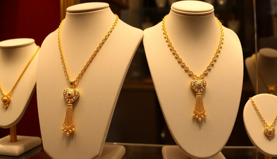 Elegant gold plated necklaces displayed on velvet stands