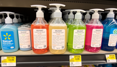 Walmart hand soap bottles with recall notices on shelf