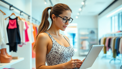 A stylish woman browsing activewear on an online store