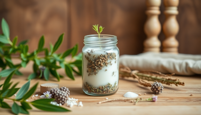 Natural deodorant jar with herbs on wooden counter