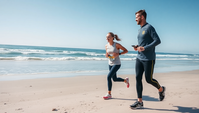 Running coach instructing runner on soft sandy beach
