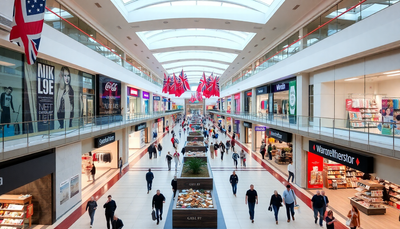 A bustling shopping mall interior with shoppers and stores