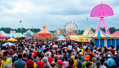 Crowded fairground with colorful showbags and carnival rides