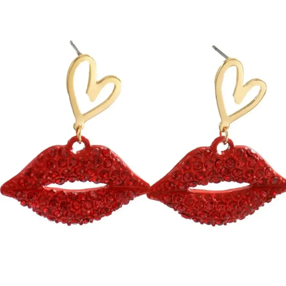 18K Gold-Plated Rhinestone Lips Heart Dangle Earrings