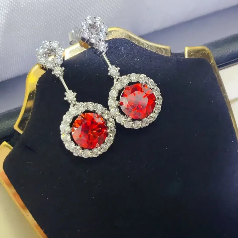 4 Carat Ruby Red Crystal Drop Earrings with Rhinestone Halo