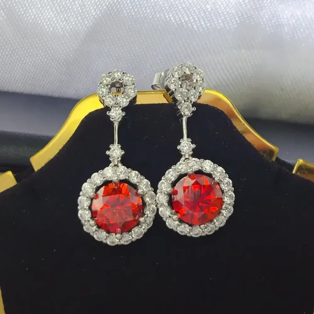 4 Carat Ruby Red Crystal Drop Earrings with Rhinestone Halo