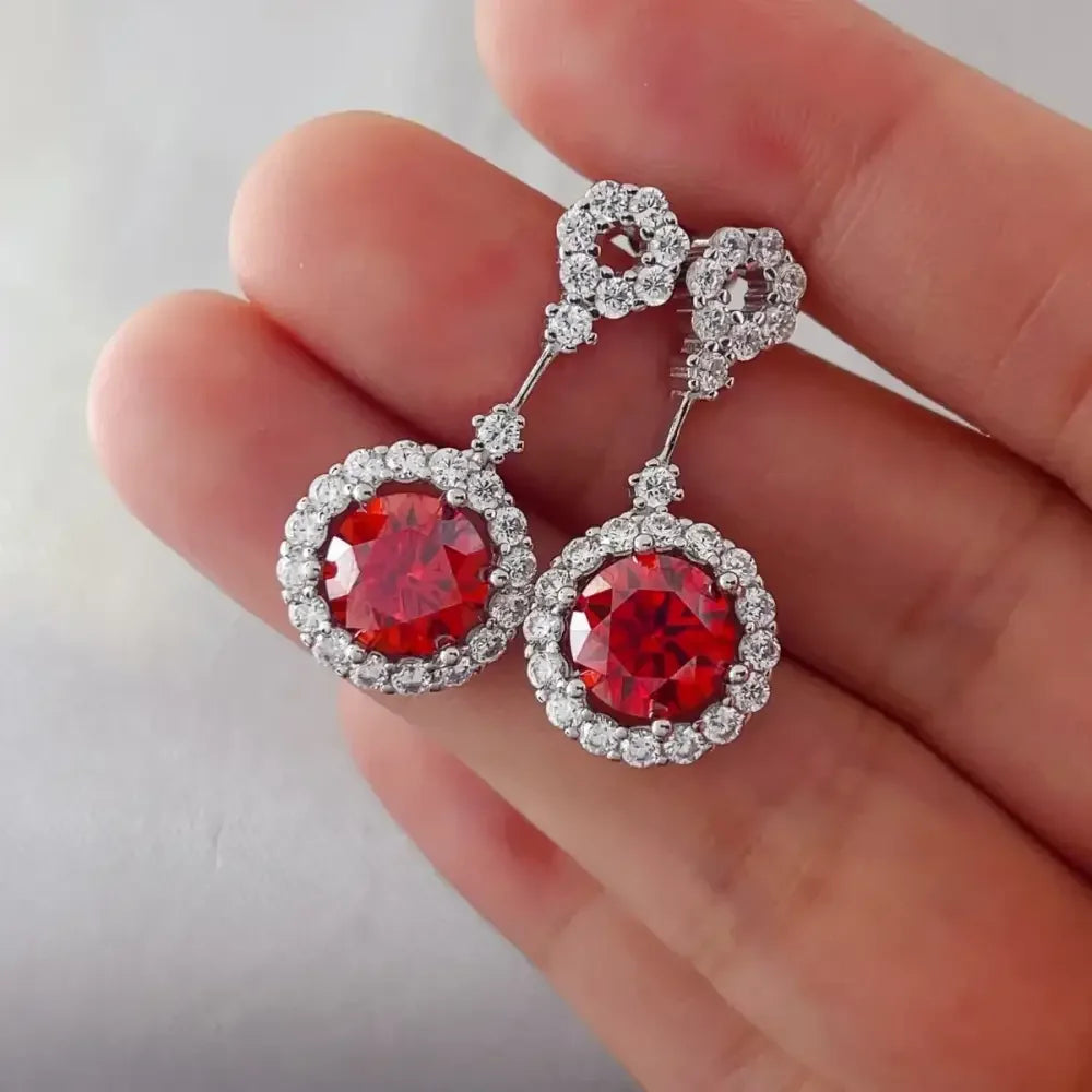 4 Carat Ruby Red Crystal Drop Earrings with Rhinestone Halo