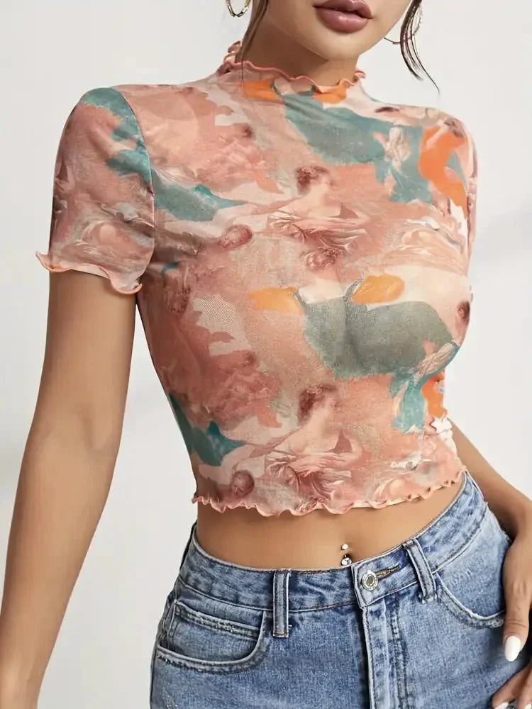 Abstract Print Ruffled Mock Neck Crop T-Shirt - Update AvenueT-ShirtsTrendsi100100347941725100100347941725741b705f - 0b72 - 40cb - a7c6 - d6b2d11a0764 - Max - OriginBurnt Coral
