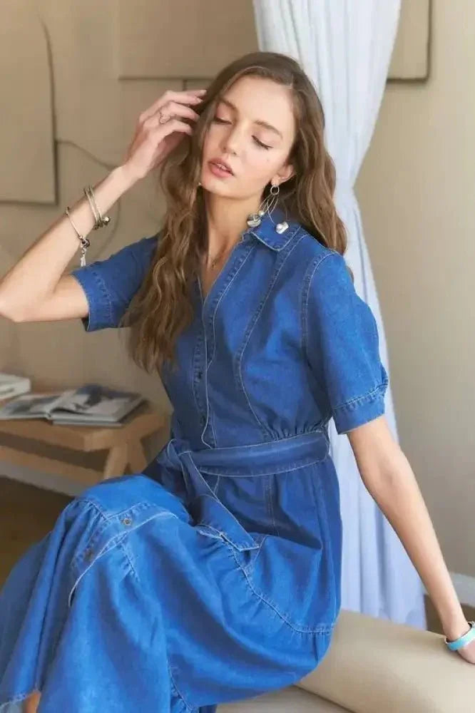 ADORA Tiered Button Down Tie Waist Short Sleeve Denim Dress - Update AvenueDenim Dresses & SkirtsTrendsi100100360951134100100360951134df3535a9 - 2c0e - 44f3 - 913d - 9affef246a44 - MaxDark
