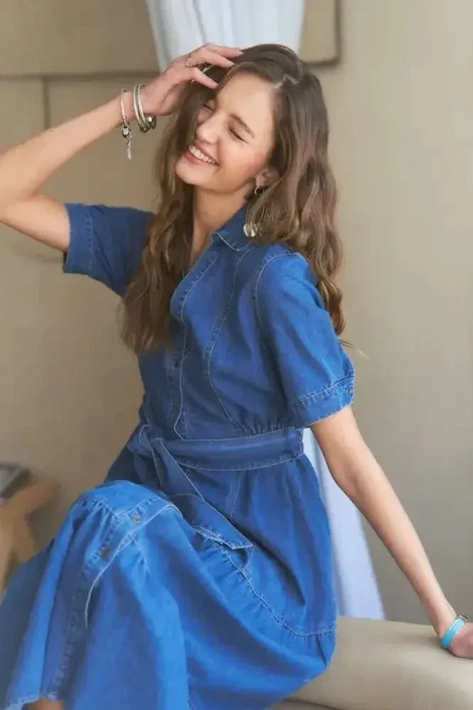ADORA Tiered Button Down Tie Waist Short Sleeve Denim Dress - Update AvenueDenim Dresses & SkirtsTrendsi100100360951134100100360951134c09954ea - 694e - 4261 - bd84 - e09790b6f5bd - MaxDark