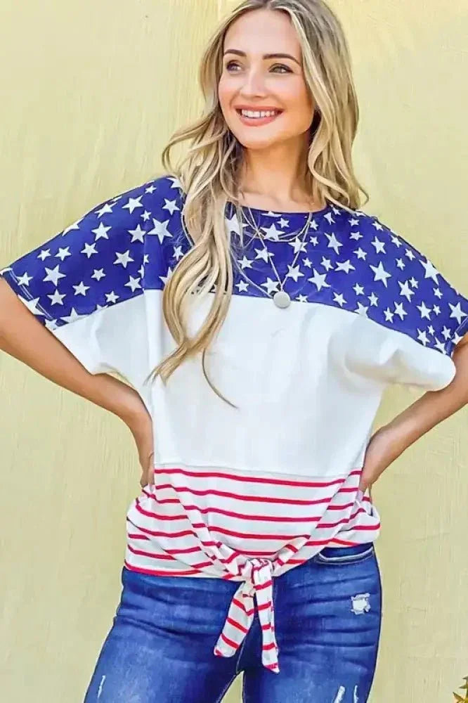 And The Why American Flag Print Tie Knot Front Casual Top - Update AvenueT-ShirtsTrendsi100100968871637100100968871637697a9d04e9554293aa93ae40a7627860 - Max - OriginRED/NAVY