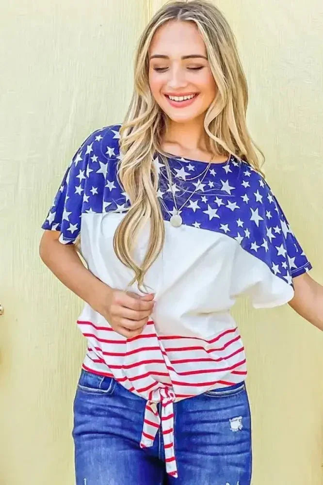 And The Why American Flag Print Tie Knot Front Casual Top - Update AvenueT-ShirtsTrendsi100100968871637100100968871637a5738f29810b47c6b4a5e00739d4ad8c - Max - OriginRED/NAVY