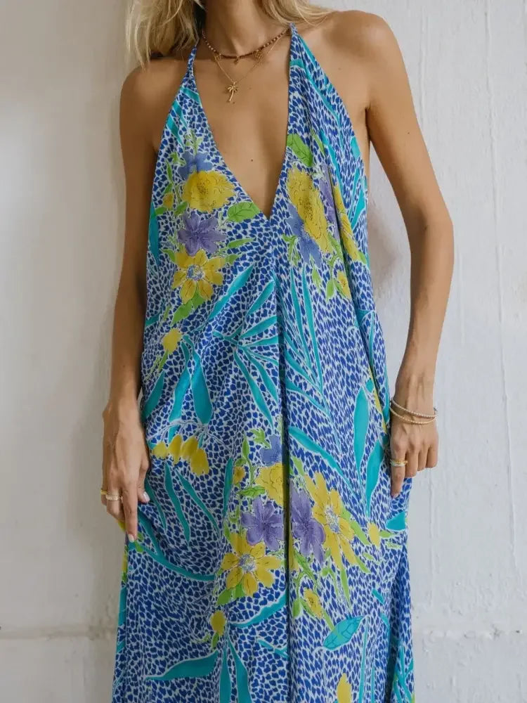 Asymmetrical Hem Printed Halter Neck Dress