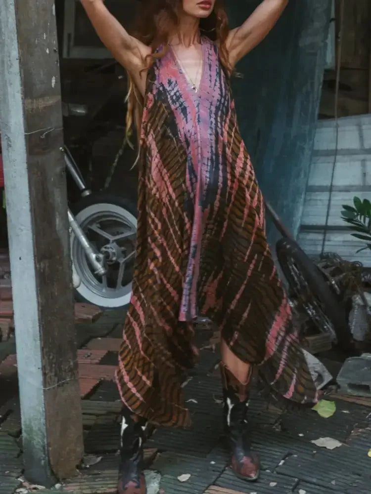Asymmetrical Hem Printed Halter Neck Dress