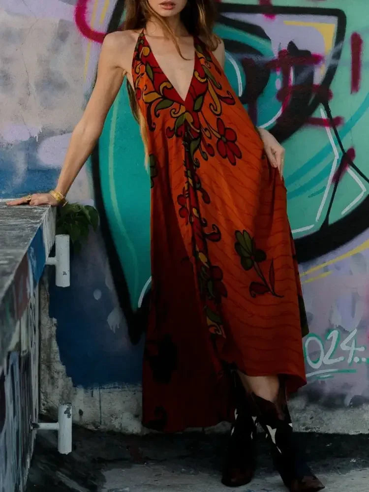 Asymmetrical Hem Printed Halter Neck Dress