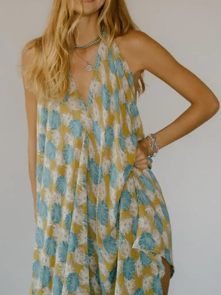 Asymmetrical Hem Printed Halter Neck Dress