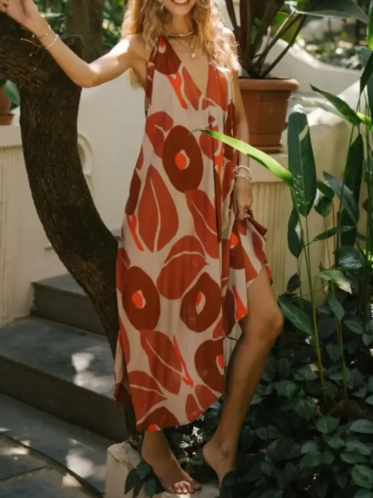Asymmetrical Hem Printed Halter Neck Dress