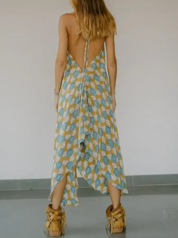 Asymmetrical Hem Printed Halter Neck Dress