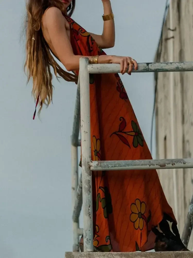 Asymmetrical Hem Printed Halter Neck Dress