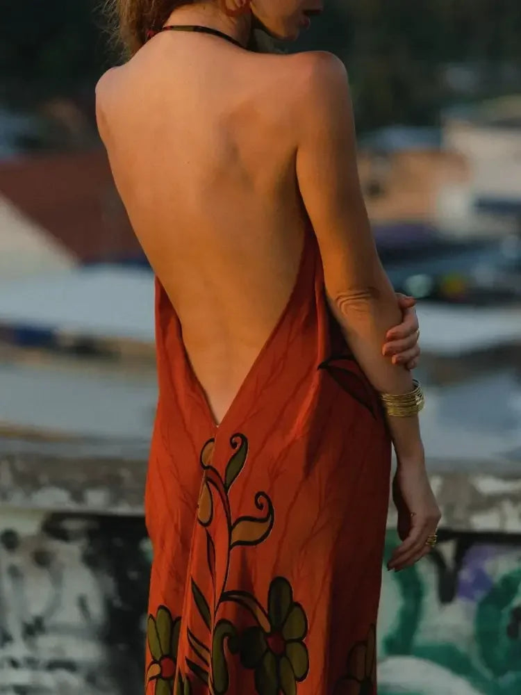 Asymmetrical Hem Printed Halter Neck Dress