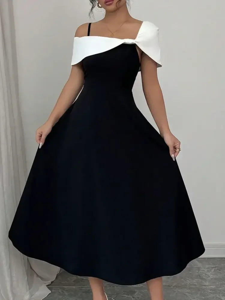 Asymmetrical Neck Contrast Midi Dress