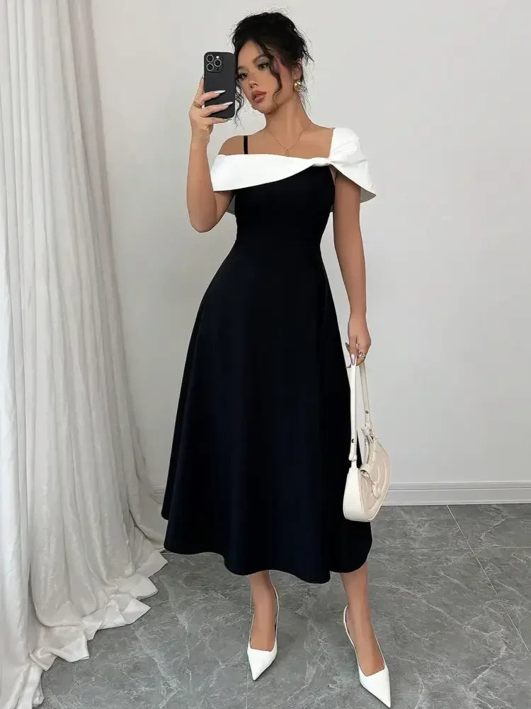 Asymmetrical Neck Contrast Midi Dress