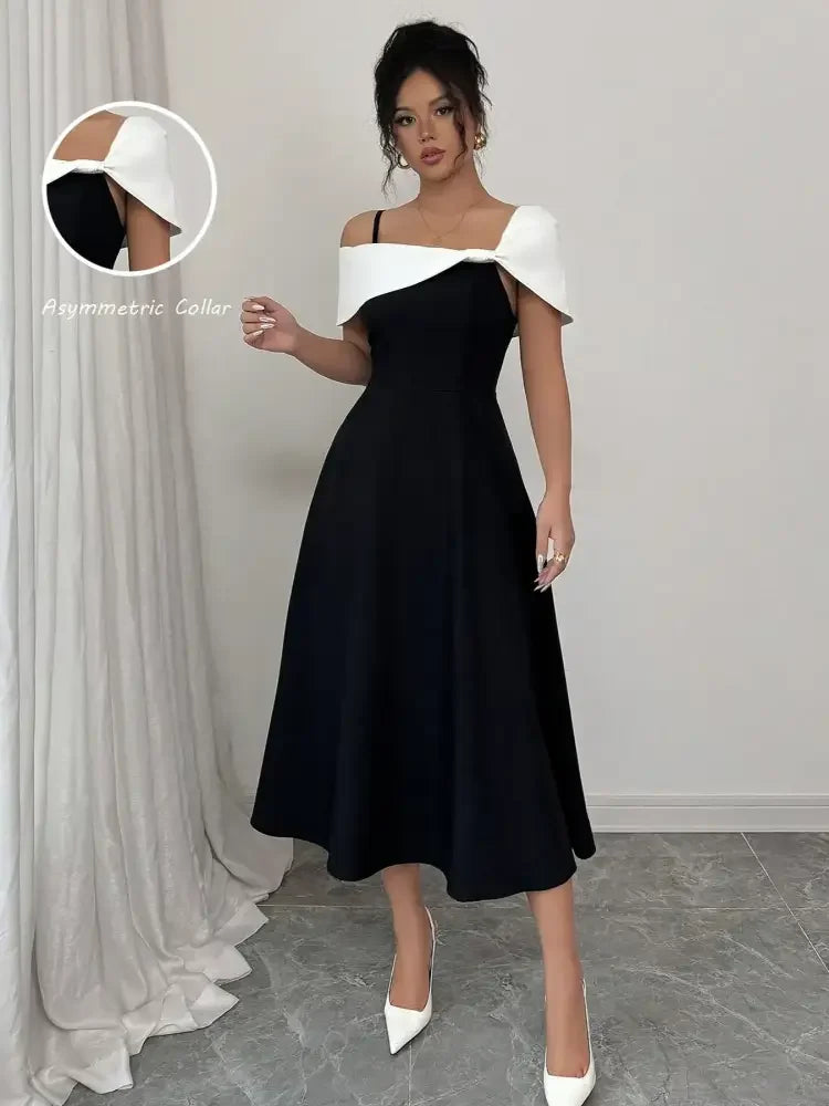 Asymmetrical Neck Contrast Midi Dress