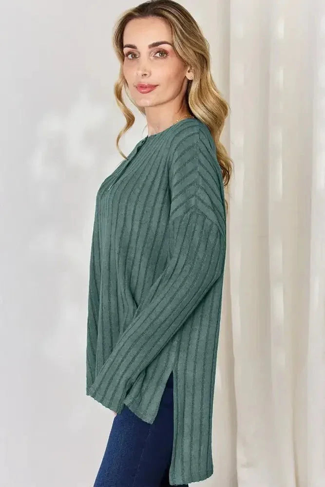 Basic Bae Full Size Ribbed Half Button Long Sleeve High - Low T-Shirt - Update AvenueT-ShirtsTrendsi1001014012318491001014012318490a0771d6 - 3e0e - 4cf0 - 9958 - 623361b151d1 - MaxArmy Green