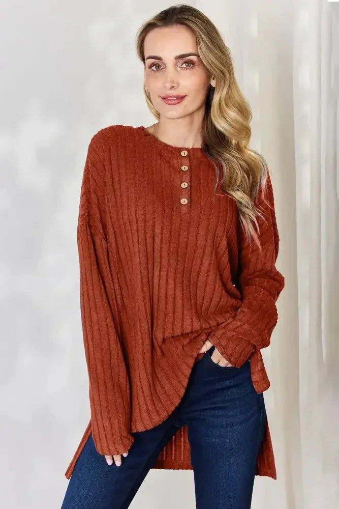 Basic Bae Full Size Ribbed Half Button Long Sleeve High - Low T-Shirt - Update AvenueT-ShirtsTrendsi10010140123240510010140123240572fe45ce - f204 - 46d0 - a9f5 - 2785314ed8b7 - MaxRust