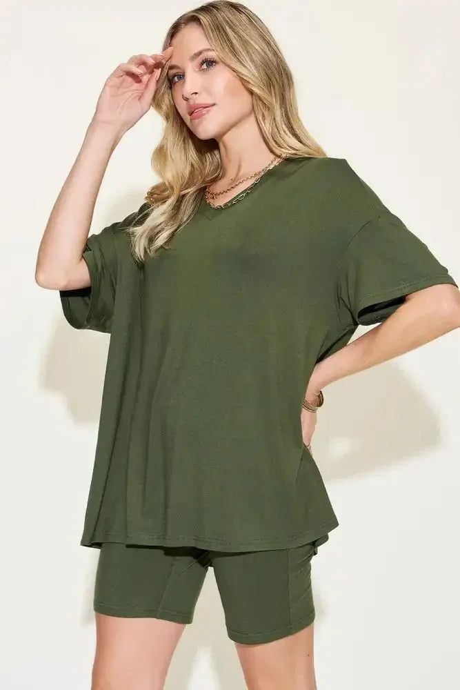 Basic Bae Full Size V - Neck Drop Shoulder T-Shirt and Shorts Set - Update AvenueDaily EssentialsTrendsi100100951111961100100951111961ecad0374 - 1bf2 - 4ef3 - bd7d - 2bfddaebdce3 - MaxMatcha Green