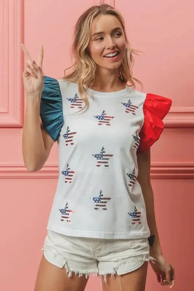 BiBi American Flag Sequin Stars Top - Update AvenueT-ShirtsTrendsi1001008637714971001008637714978c094f7ecc974af290117f933cd49e94 - Max - OriginOFF WHITE