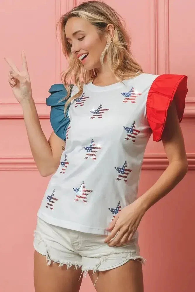 BiBi American Flag Sequin Stars Top - Update AvenueT-ShirtsTrendsi10010086377149710010086377149770cd8ba9515144249d8b23e9a46dea22 - Max - OriginOFF WHITE
