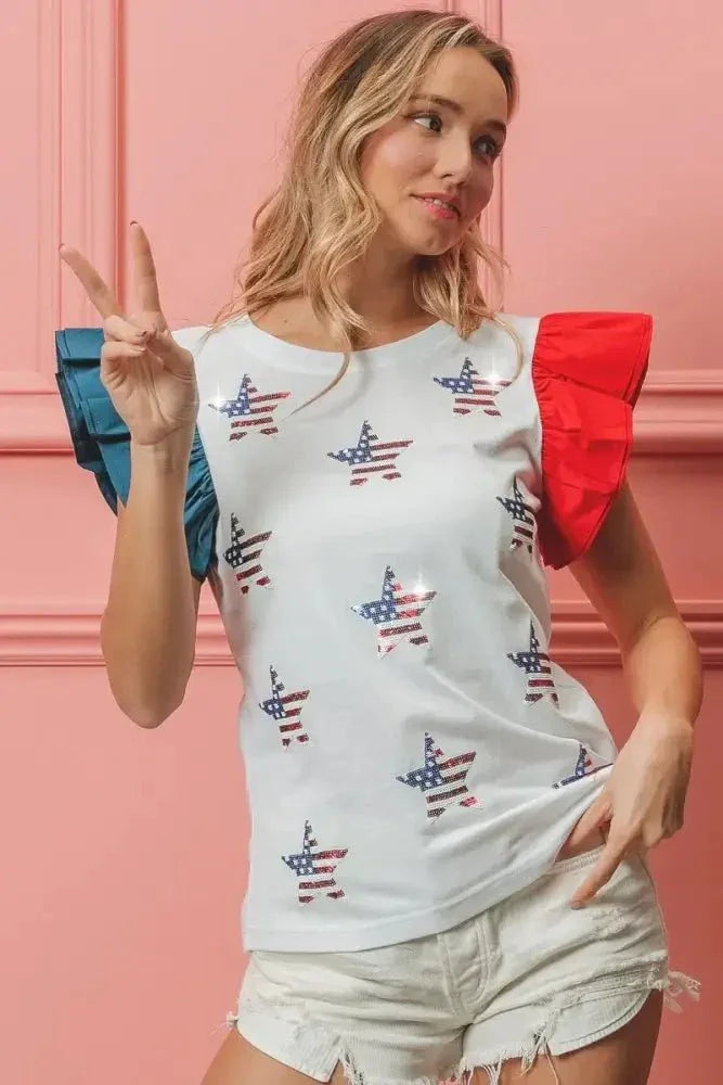 BiBi American Flag Sequin Stars Top - Update AvenueT-ShirtsTrendsi100100863771497100100863771497a214e3c192b143799982cd20ba336879 - Max - OriginOFF WHITE