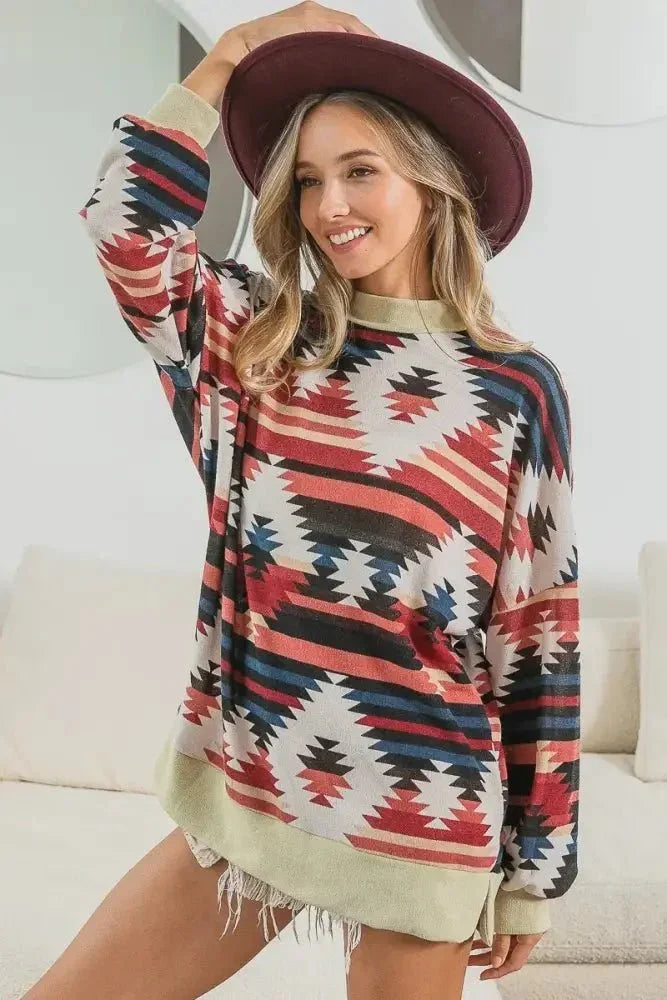 BiBi Aztec Print Mirr Mock Neck Lslv Top - Update AvenueT-ShirtsTrendsi10010065501157210010065501157255920fcf246b4e409439464f90dea46b - Max - OriginRUST COMBO