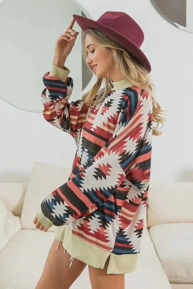 BiBi Aztec Print Mirr Mock Neck Lslv Top - Update AvenueT-ShirtsTrendsi100100655011572100100655011572da654cf400454685b667655547f23b55 - Max - OriginRUST COMBO