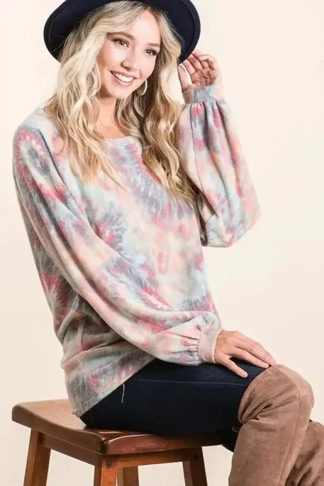 BiBi Brushed Tie Dye Print Top with Puff Sleeves - Update AvenueT-ShirtsTrendsi10010057288175510010057288175567492ec1a27849f2984d99621ed045d6 - Max - OriginTIE DYE