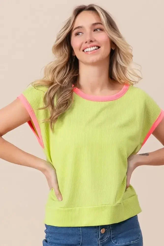 BiBi Cord Rib Knit Contrast Banded Top - Update AvenueT-ShirtsTrendsi10010080619147810010080619147834a2daf33b4e474fa31da40c49e94deb - Max - OriginLIME/NEON PINK