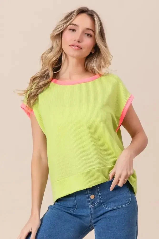 BiBi Cord Rib Knit Contrast Banded Top - Update AvenueT-ShirtsTrendsi10010080619147810010080619147843b9109cdf1a4774a014d091e742185a - Max - OriginLIME/NEON PINK