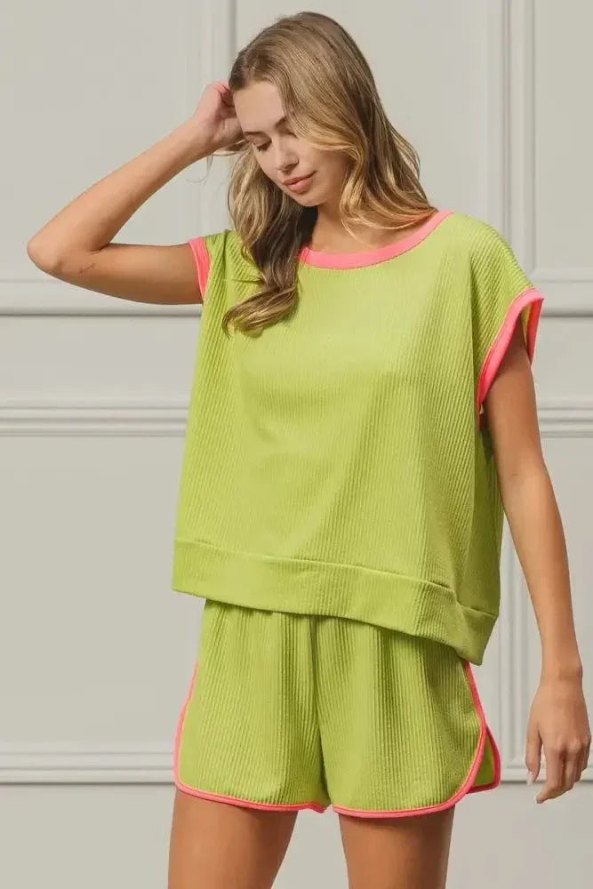 BiBi Cord Rib Knit Contrast Banded Top - Update AvenueT-ShirtsTrendsi1001008061914781001008061914785de7a62b407346929141fb2d609edc1a - Max - OriginLIME/NEON PINK