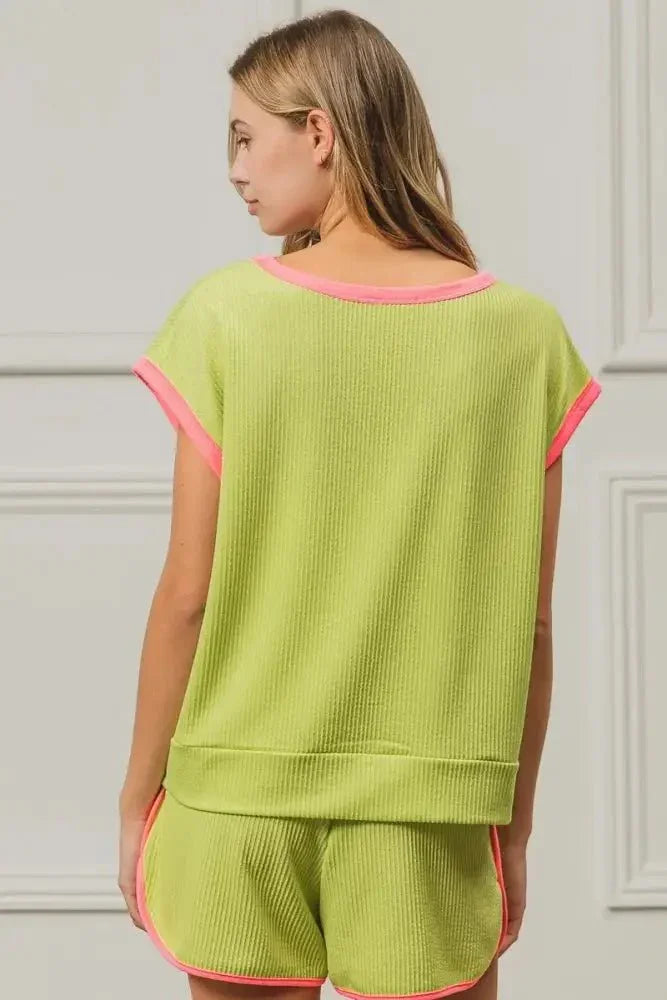 BiBi Cord Rib Knit Contrast Banded Top - Update AvenueT-ShirtsTrendsi100100806191478100100806191478e6f558ca63b84bc996fcdf8487e10e78 - Max - OriginLIME/NEON PINK