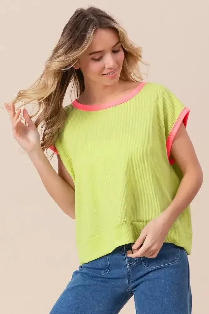 BiBi Cord Rib Knit Contrast Banded Top - Update AvenueT-ShirtsTrendsi100100806191478100100806191478dd11c852cd1a4e528ff0abad4fd18c87 - Max - OriginLIME/NEON PINK