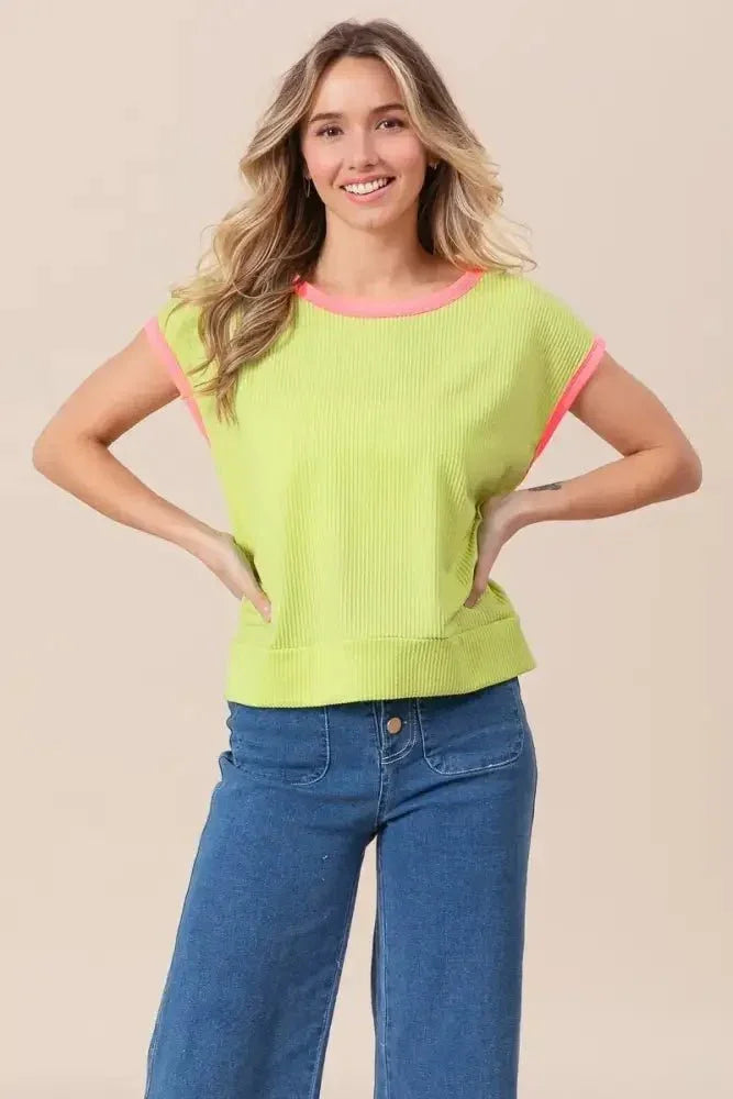 BiBi Cord Rib Knit Contrast Banded Top - Update AvenueT-ShirtsTrendsi100100806191478100100806191478933287ec155b4b94aba4b4ec603d4750 - Max - OriginLIME/NEON PINK