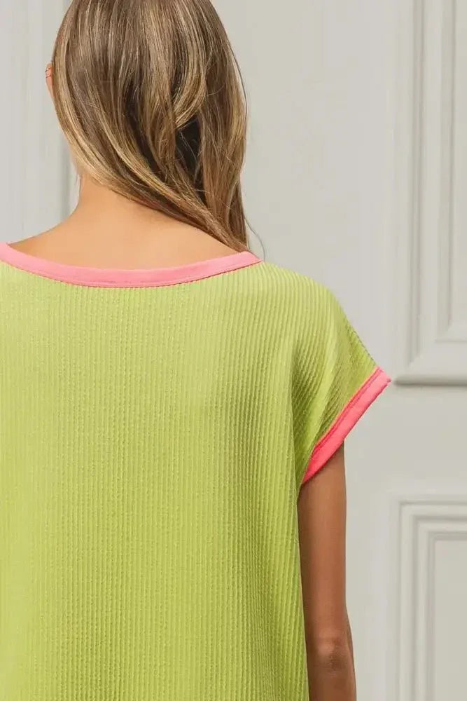 BiBi Cord Rib Knit Contrast Banded Top - Update AvenueT-ShirtsTrendsi100100806191478100100806191478983283ab18a1438c88bb36806fa51b11 - Max - OriginLIME/NEON PINK