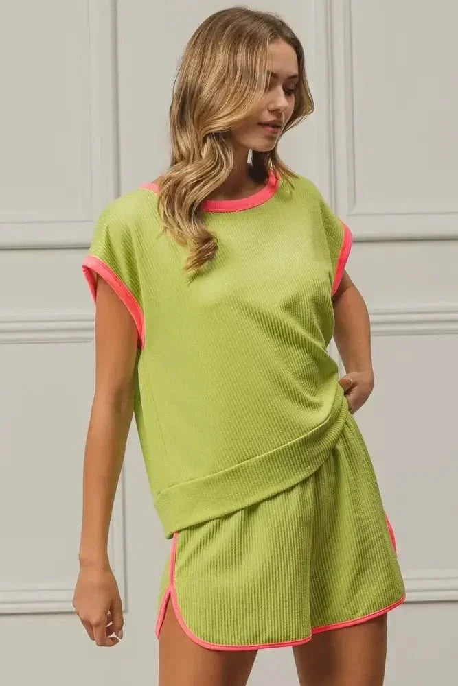 BiBi Cord Rib Knit Contrast Banded Top - Update AvenueT-ShirtsTrendsi100100806191478100100806191478c6d8d744abcf4869857dbfe01471e96f - Max - OriginLIME/NEON PINK