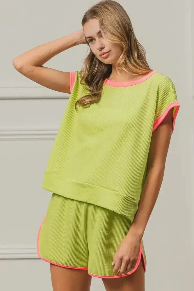 BiBi Cord Rib Knit Contrast Banded Top - Update AvenueT-ShirtsTrendsi100100806191478100100806191478d341290fa6a747c7ad9cc3bcf9d67268 - Max - OriginLIME/NEON PINK