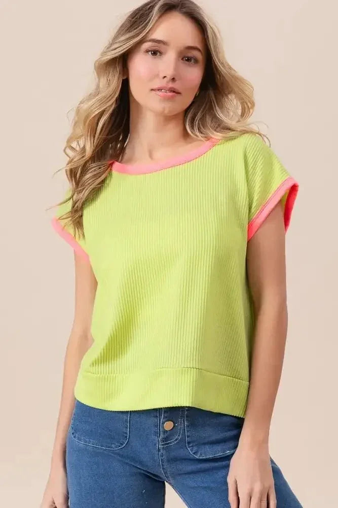 BiBi Cord Rib Knit Contrast Banded Top - Update AvenueT-ShirtsTrendsi100100806191478100100806191478532e6ccf776a4a1aae17098564e92ab4 - Max - OriginLIME/NEON PINK