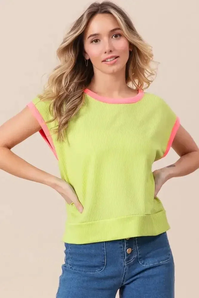 BiBi Cord Rib Knit Contrast Banded Top - Update AvenueT-ShirtsTrendsi1001008061914781001008061914782cf915011f77469b889244d4637510d8 - Max - OriginLIME/NEON PINK
