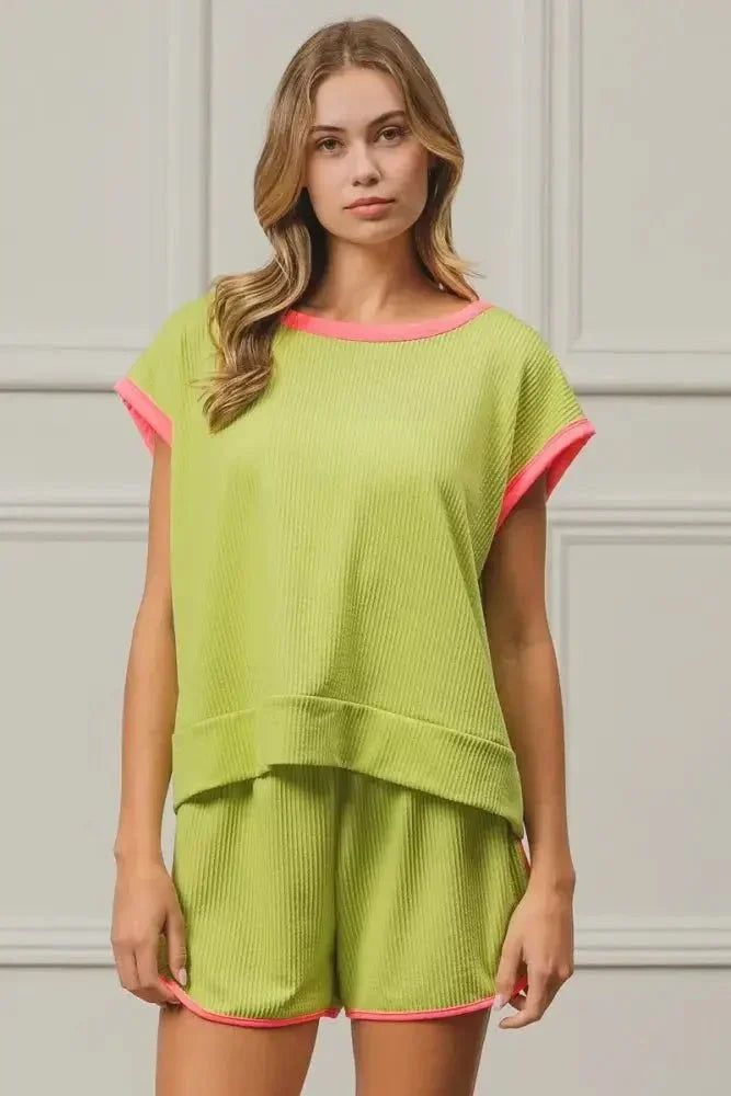 BiBi Cord Rib Knit Contrast Banded Top - Update AvenueT-ShirtsTrendsi1001008061914781001008061914783e2ac8ab8ae3462fbba0dacac703aab7 - Max - OriginLIME/NEON PINK