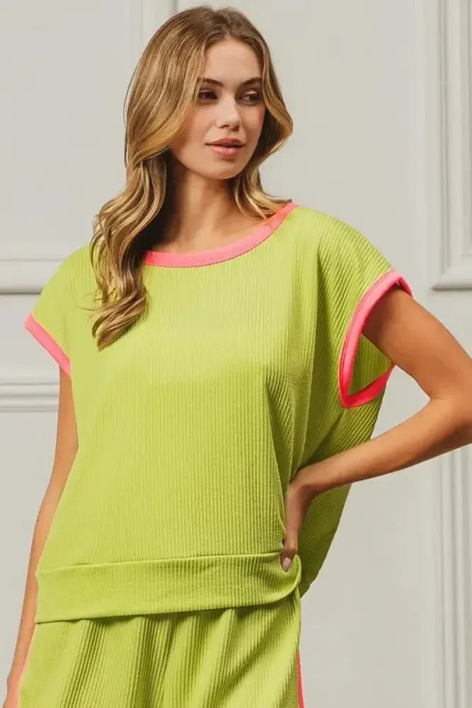 BiBi Cord Rib Knit Contrast Banded Top - Update AvenueT-ShirtsTrendsi10010080619147810010080619147819120eafb6eb42d29f491c324d9b1cdc - Max - OriginLIME/NEON PINK