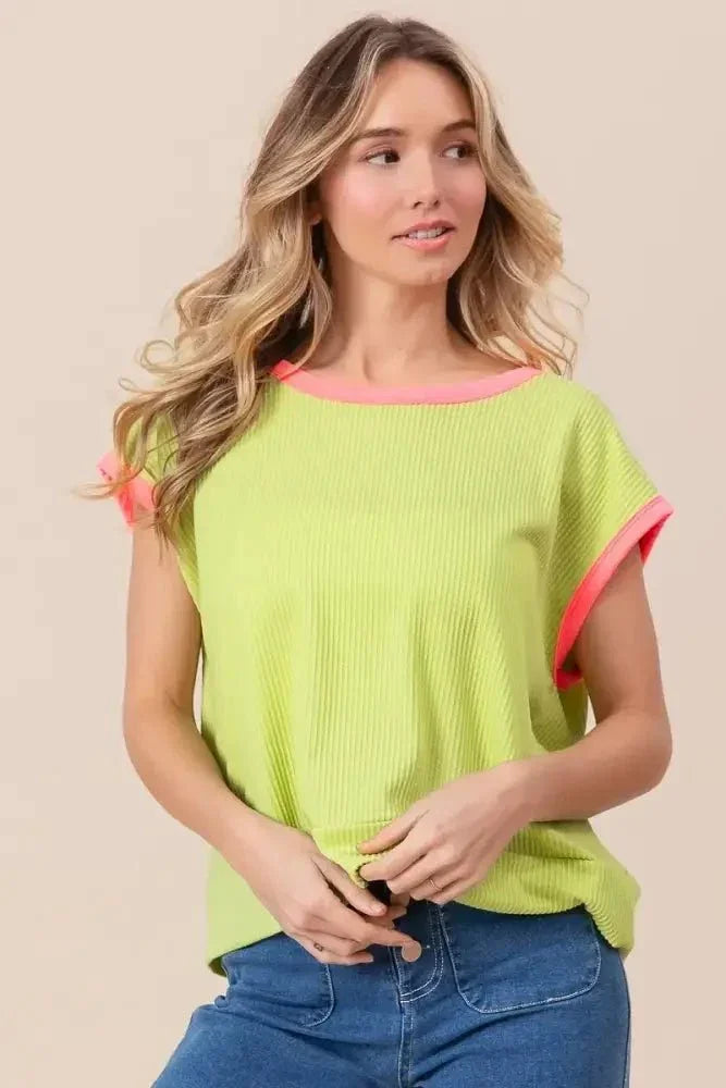 BiBi Cord Rib Knit Contrast Banded Top - Update AvenueT-ShirtsTrendsi100100806191478100100806191478187c51e20f244c07a726520fdb721e34 - Max - OriginLIME/NEON PINK